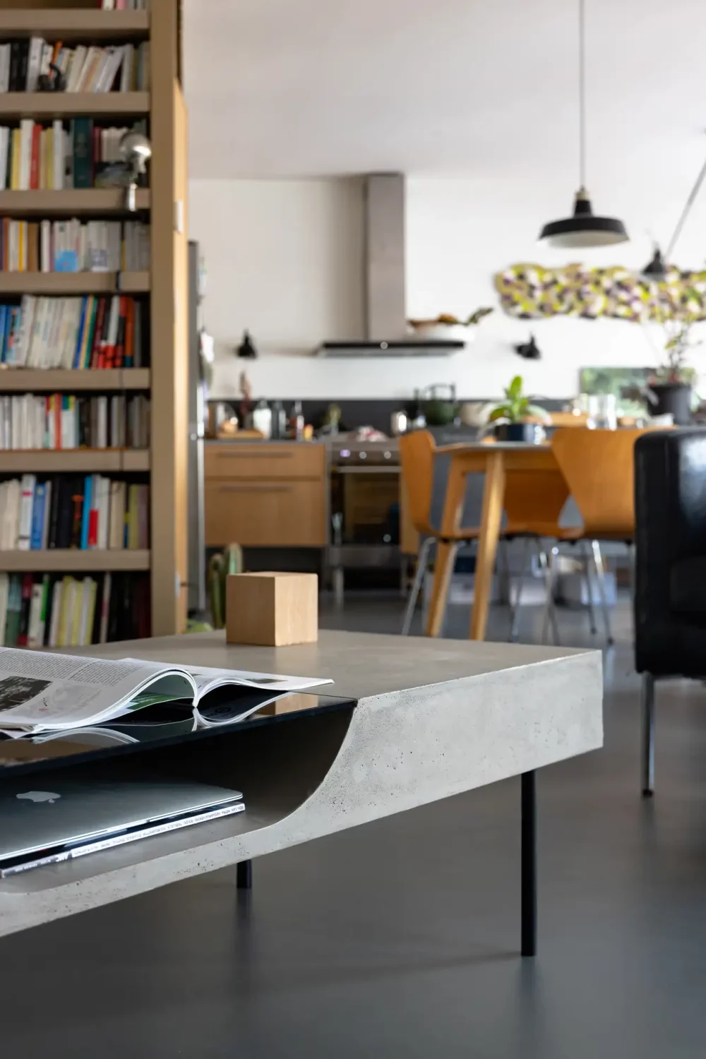 Modern concrete coffee table with a storage niche of designer Bertrand Jayr for Lyon Concrete