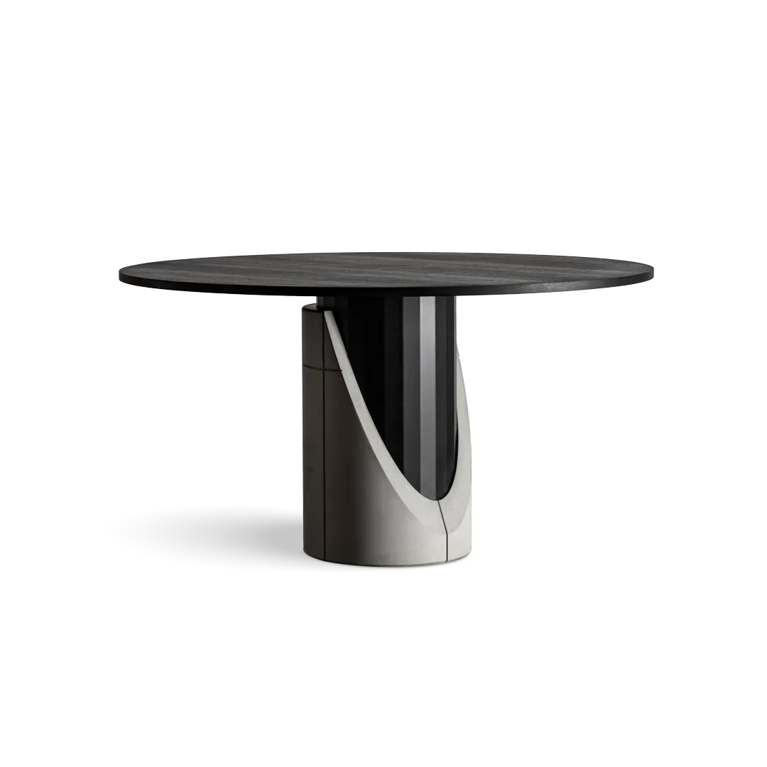 The round version of the Sharp dining table: concrete, wood and metal by designer Bertrand Jayr for Lyon Concrete