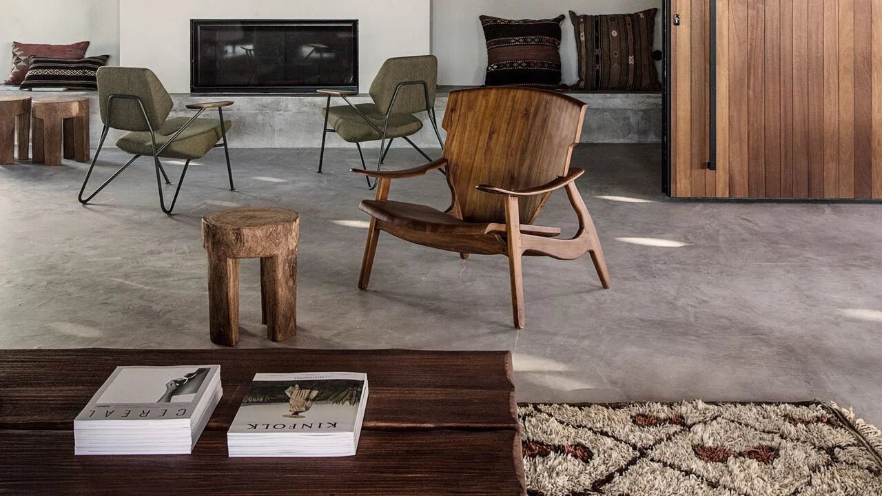 Warm interior combining raw concrete design material wood, contemporary decoration