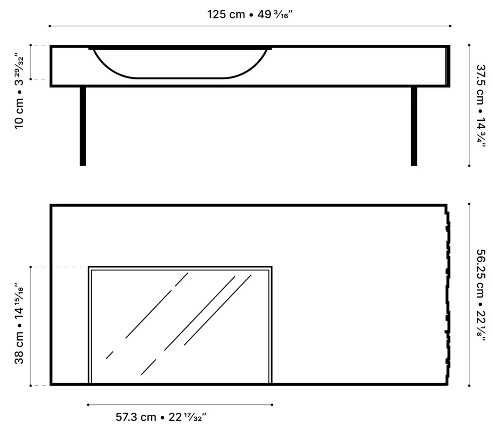 Technical drawing of the Curb coffee table with dimensions, front and top view — Lyon Béton