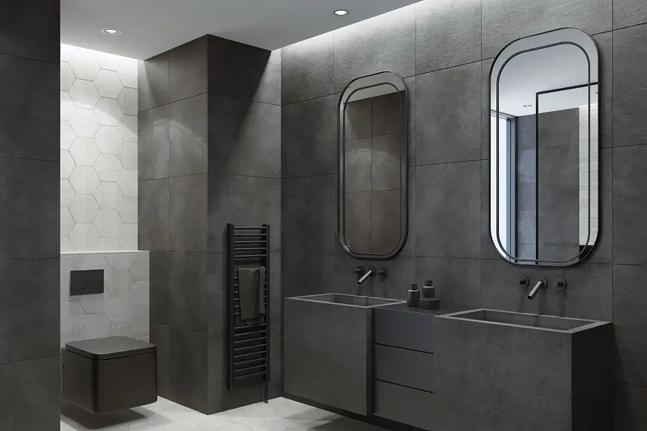 Dark anthracite concrete bathroom with double design sink and oval mirrors
