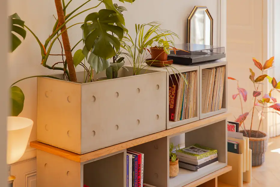 Dice concrete modules on a wood shelf with plants and vinyl records — Lyon Béton