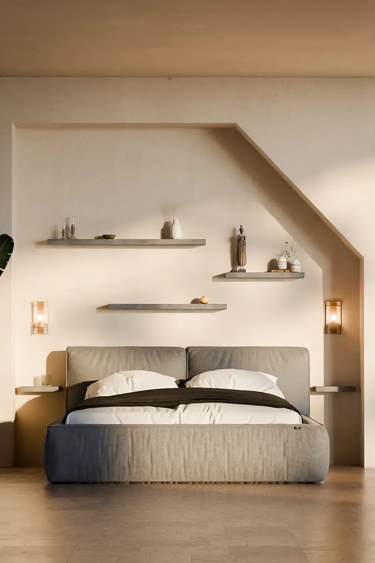 Concrete shelves composition on a slanted wall in a minimalist bedroom
