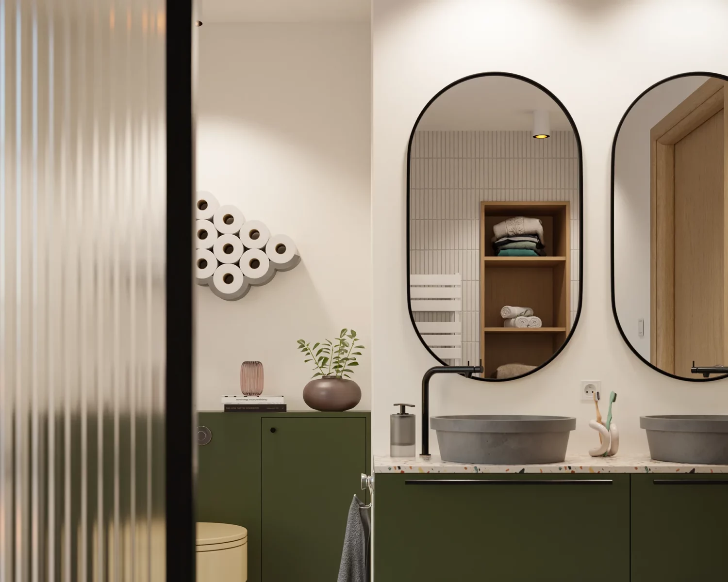 Bathroom with a Cloud toilet paper holder on the wall and two concrete basins on a terrazzo counter.