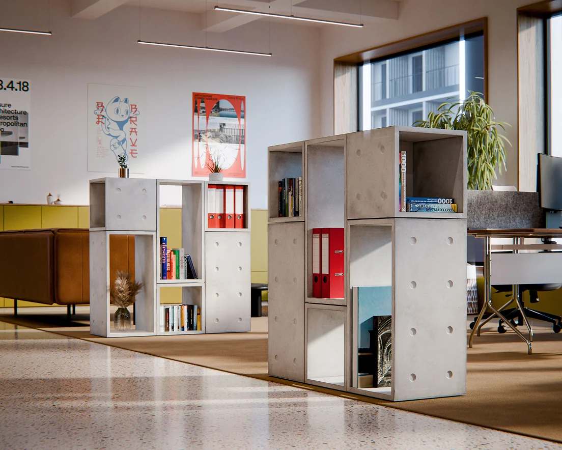 Dice modular concrete storage used as an open room divider in an office