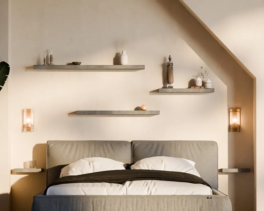 Concrete Sliced wall shelves above a bed, with two short ones used as bedside shelves.
